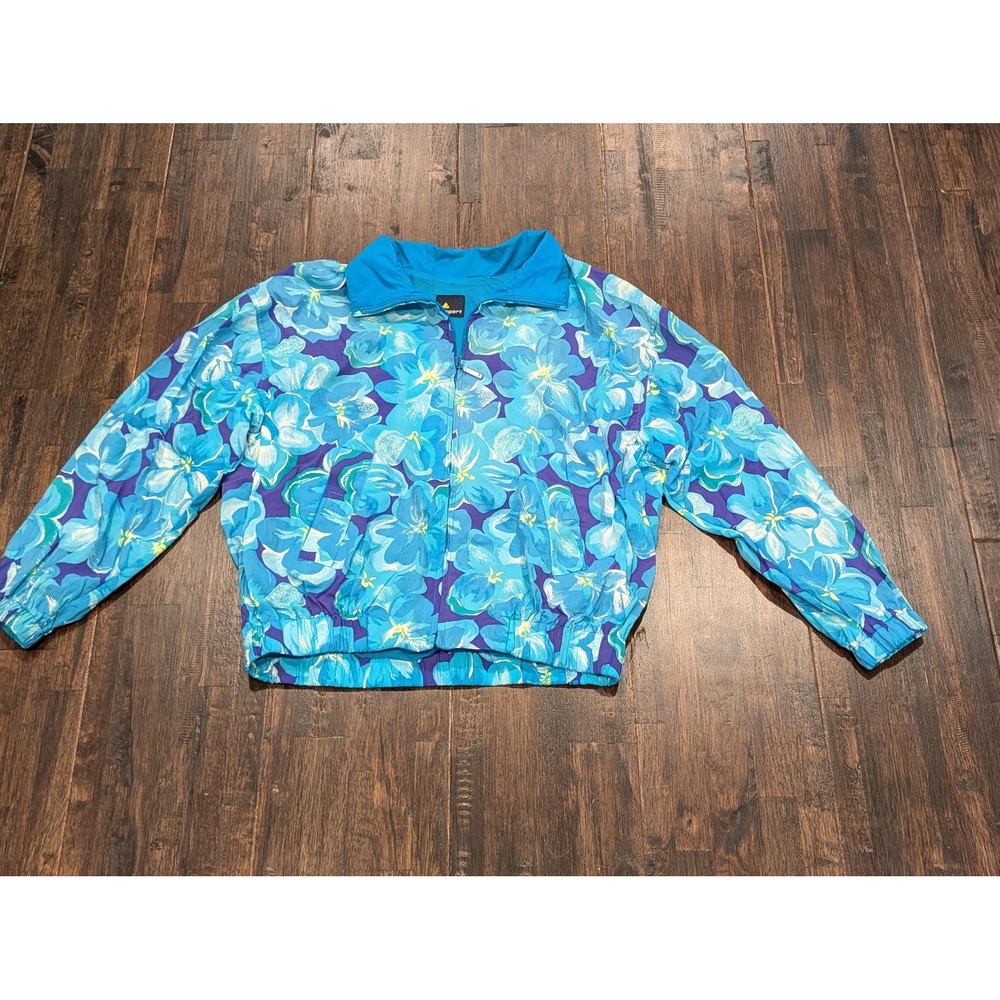 Vintage Lizsport Jacket Womens Large Blue Floral‎ Zip Windbreaker Mesh Lined 90s